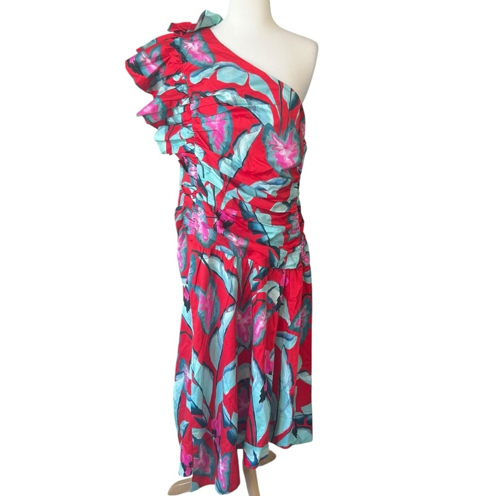 Farm Rio Red Summer Foliage One Shoulder Maxi Dress